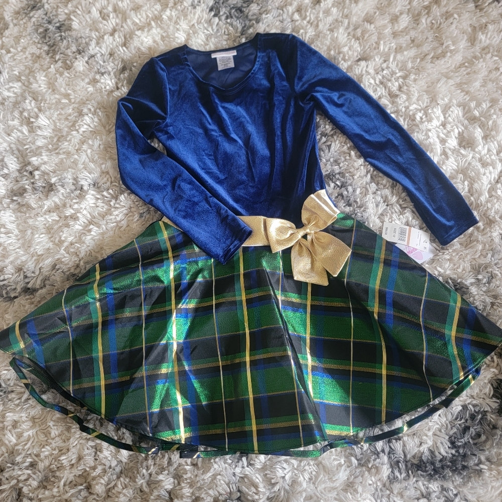 NWT Bonnie Jean BLUE Toddler Girls' Velvet & Plaid Holiday Hipster Dress,